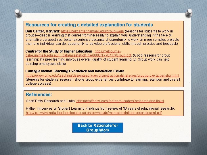 Resources for creating a detailed explanation for students Resources for Explanation Bok Center, Harvard: