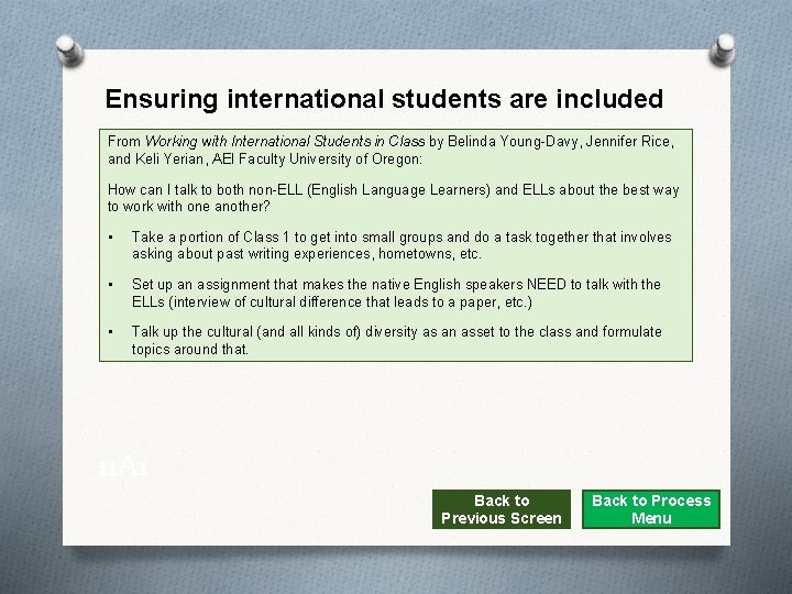 Ensuring international students are included From Working with International Students in Class by Belinda
