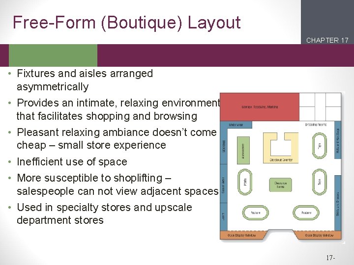 Free-Form (Boutique) Layout CHAPTER 17 2 1 • Fixtures and aisles arranged asymmetrically •