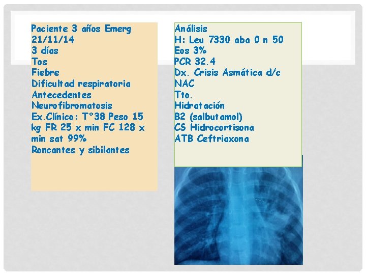 Paciente 3 años Emerg 21/11/14 3 días Tos Fiebre Dificultad respiratoria Antecedentes Neurofibromatosis Ex.