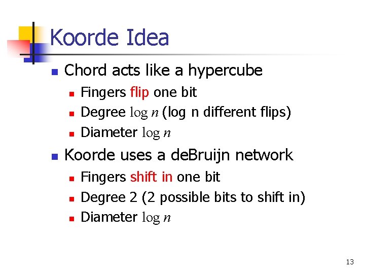 Koorde Idea n Chord acts like a hypercube n n Fingers flip one bit