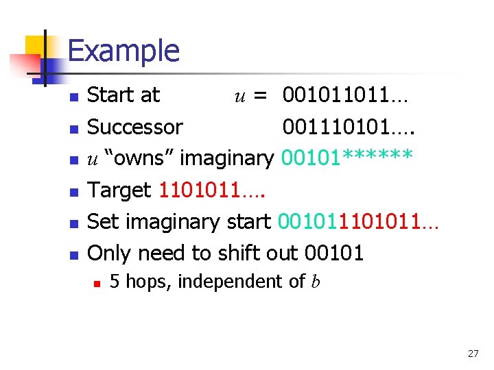 Example n n n Start at u = 001011011… Successor 001110101…. u “owns” imaginary