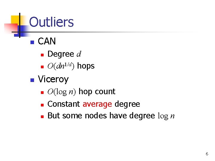 Outliers n CAN n n n Degree d O(dn 1/d) hops Viceroy n n