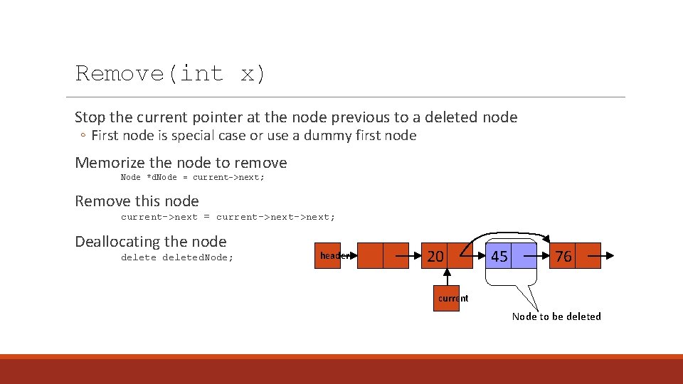 Remove(int x) Stop the current pointer at the node previous to a deleted node