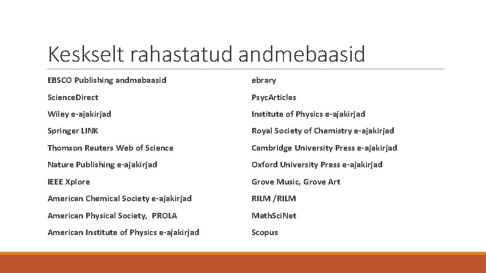 Keskselt rahastatud andmebaasid EBSCO Publishing andmebaasid ebrary Science. Direct Psyc. Articles Wiley e-ajakirjad Institute