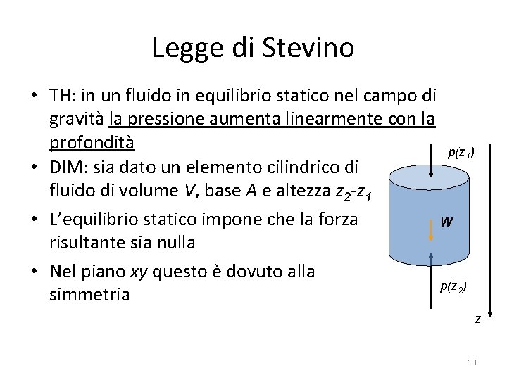 Legge di Stevino • TH: in un fluido in equilibrio statico nel campo di