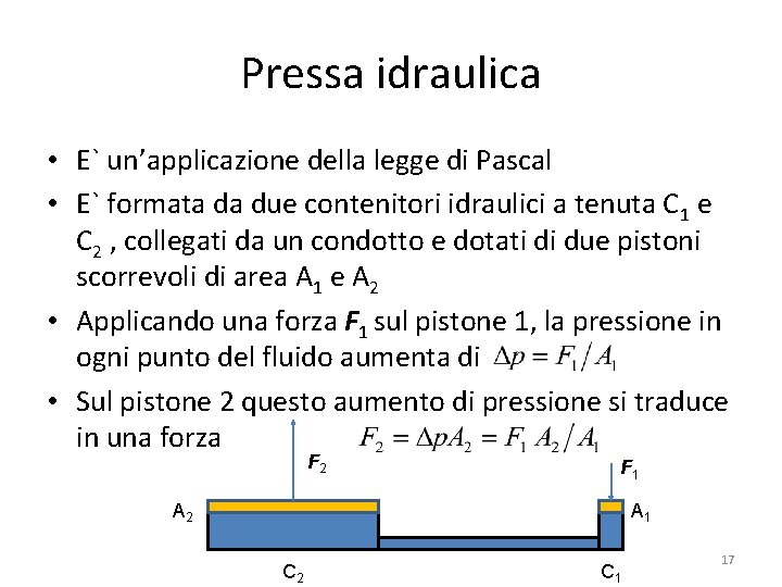 Pressa idraulica • E` un’applicazione della legge di Pascal • E` formata da due