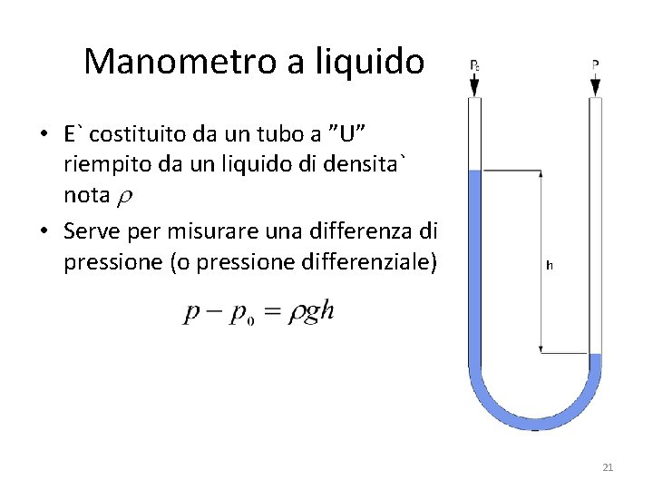 Manometro a liquido • E` costituito da un tubo a ”U” riempito da un