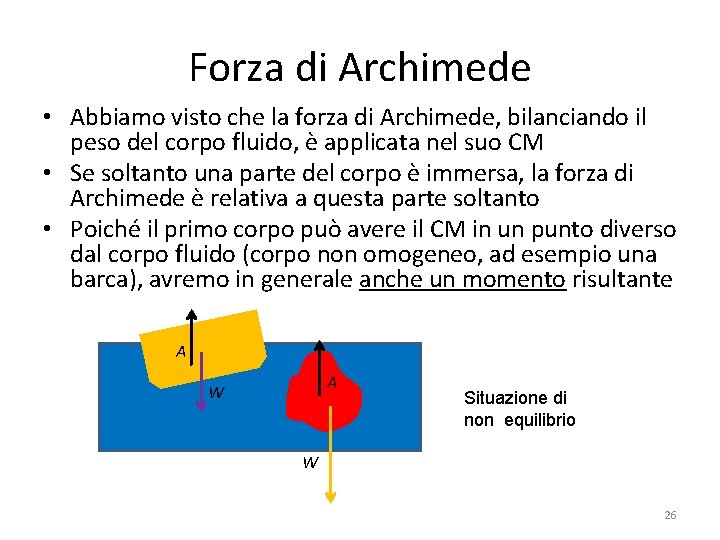 Forza di Archimede • Abbiamo visto che la forza di Archimede, bilanciando il peso