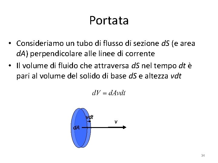 Portata • Consideriamo un tubo di flusso di sezione d. S (e area d.