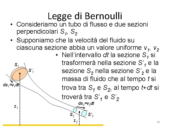 Legge di Bernoulli • Consideriamo un tubo di flusso e due sezioni perpendicolari S