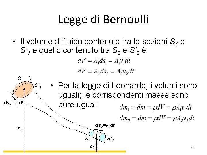 Legge di Bernoulli • Il volume di fluido contenuto tra le sezioni S 1