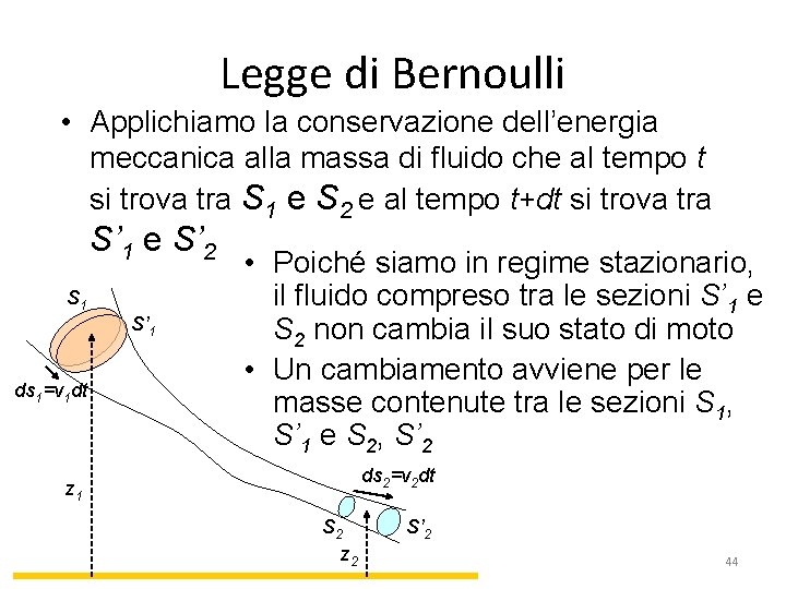 Legge di Bernoulli • Applichiamo la conservazione dell’energia meccanica alla massa di fluido che