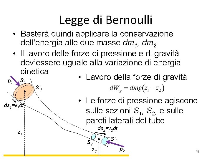 Legge di Bernoulli • Basterà quindi applicare la conservazione dell’energia alle due masse dm