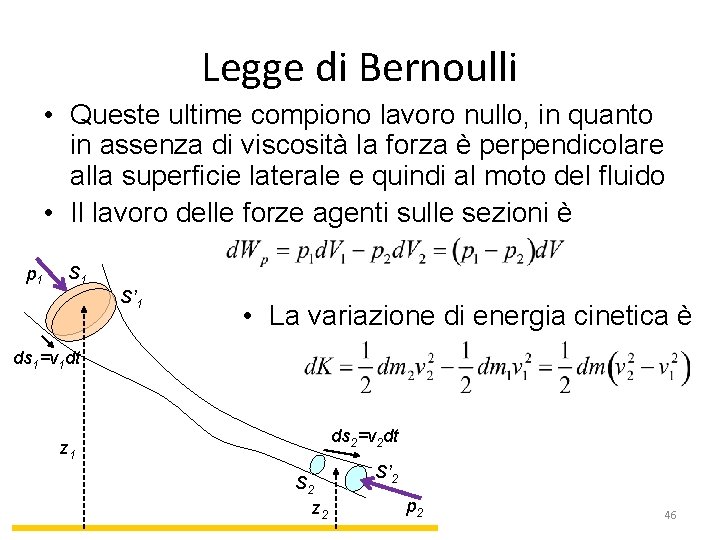 Legge di Bernoulli • Queste ultime compiono lavoro nullo, in quanto in assenza di