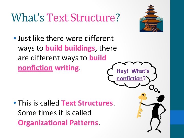 What’s Text Structure? • Just like there were different ways to buildings, there are