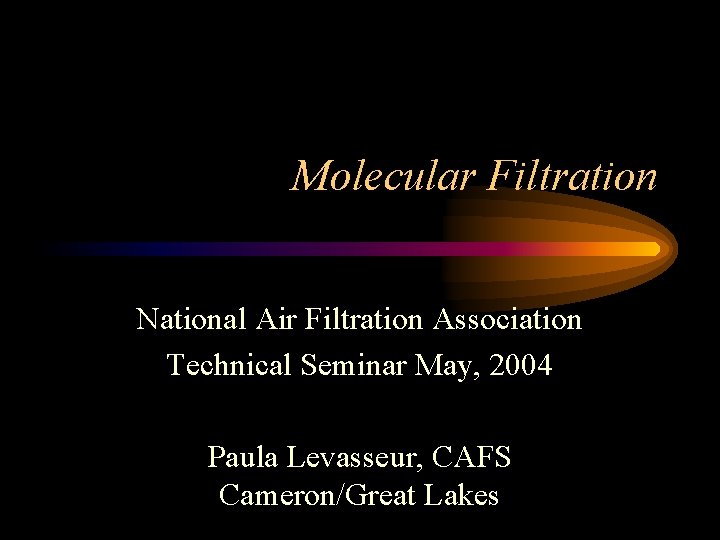 Molecular Filtration National Air Filtration Association Technical Seminar May, 2004 Paula Levasseur, CAFS Cameron/Great