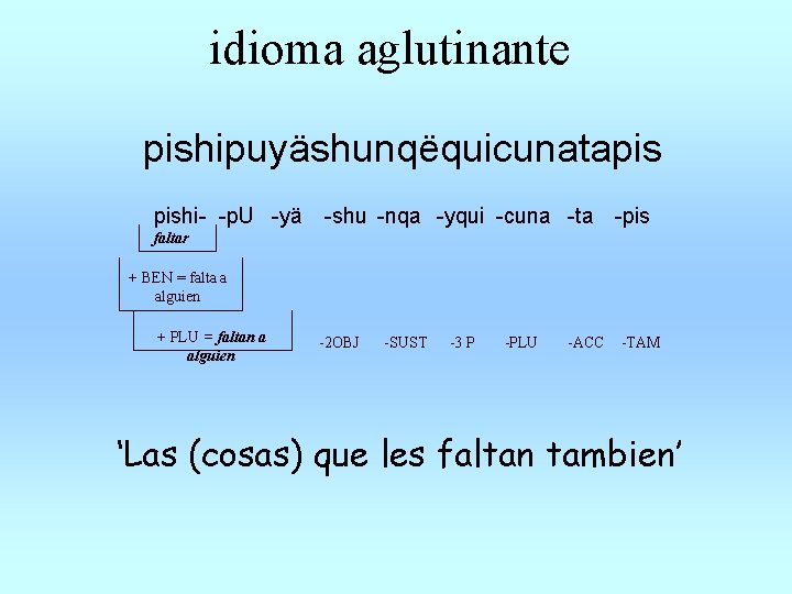 idioma aglutinante pishipuyäshunqëquicunatapis pishi- -p. U -yä -shu -nqa -yqui -cuna -ta -pis faltar