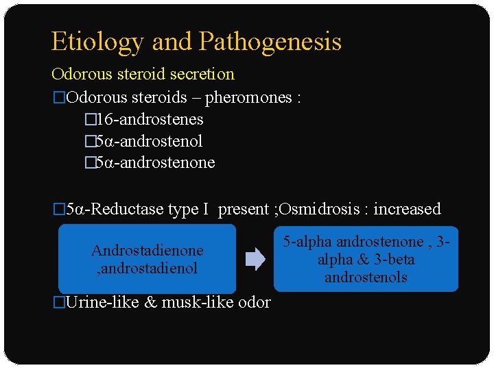 Etiology and Pathogenesis Odorous steroid secretion �Odorous steroids – pheromones : � 16 -androstenes