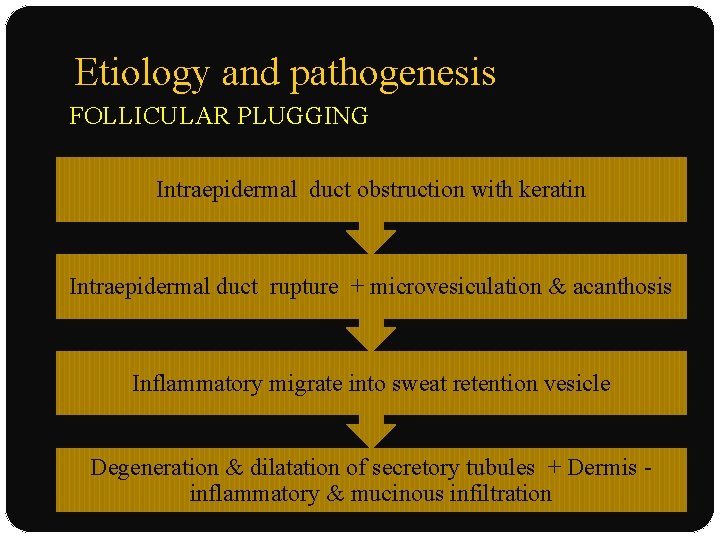 Etiology and pathogenesis FOLLICULAR PLUGGING Intraepidermal duct obstruction with keratin Intraepidermal duct rupture +