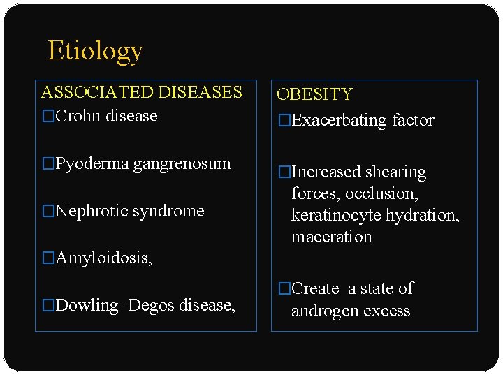 Etiology ASSOCIATED DISEASES �Crohn disease �Pyoderma gangrenosum �Nephrotic syndrome OBESITY �Exacerbating factor �Increased shearing