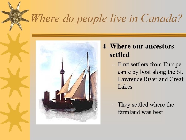 Where do people live in Canada? 4. Where our ancestors settled – First settlers