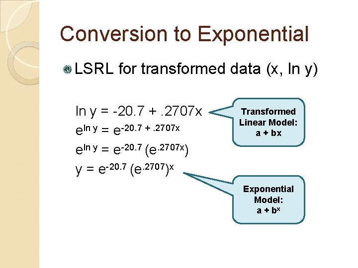 Conversion to Exponential LSRL for transformed data (x, ln y) ln y = -20.