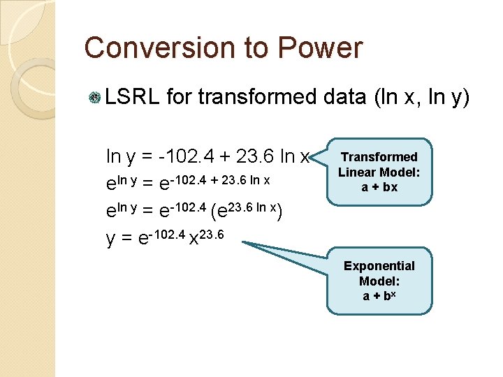 Conversion to Power LSRL for transformed data (ln x, ln y) ln y =