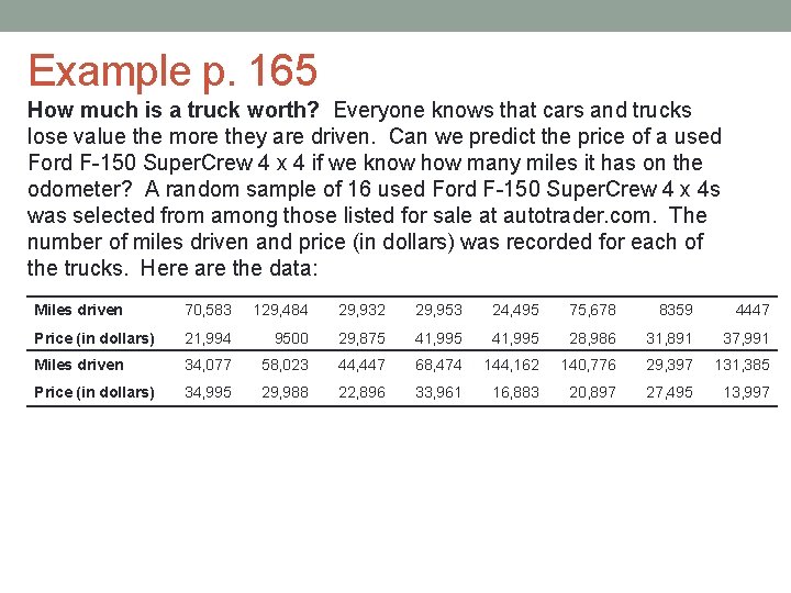 Example p. 165 How much is a truck worth? Everyone knows that cars and