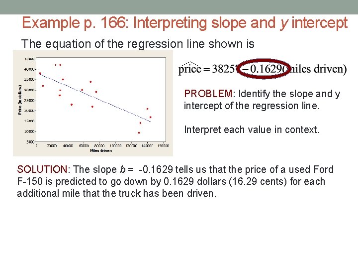 Example p. 166: Interpreting slope and y intercept The equation of the regression line