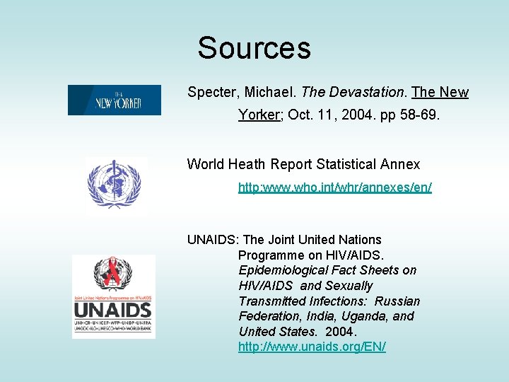 Sources Specter, Michael. The Devastation. The New Yorker; Oct. 11, 2004. pp 58 -69. Sources Specter, Michael. The Devastation. The New Yorker; Oct. 11, 2004. pp 58 -69.