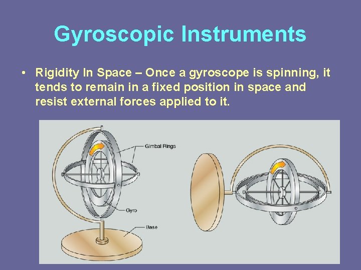 Gyroscopic Instruments • Rigidity In Space – Once a gyroscope is spinning, it tends