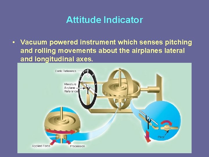 Attitude Indicator • Vacuum powered instrument which senses pitching and rolling movements about the