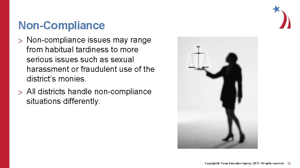 Non-Compliance > Non-compliance issues may range from habitual tardiness to more serious issues such