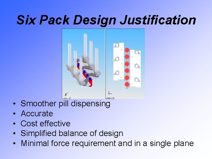 Six Pack Design Justification • • • Smoother pill dispensing Accurate Cost effective Simplified