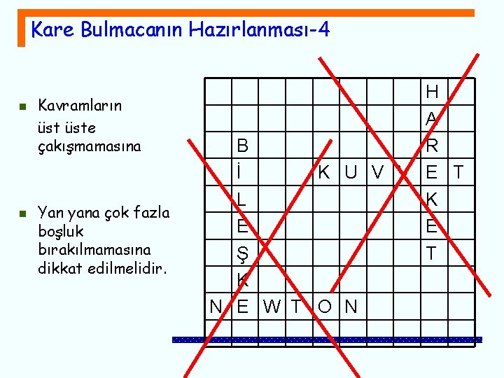 Kare Bulmacanın Hazırlanması-4 n n Kavramların üste çakışmamasına Yan yana çok fazla boşluk bırakılmamasına