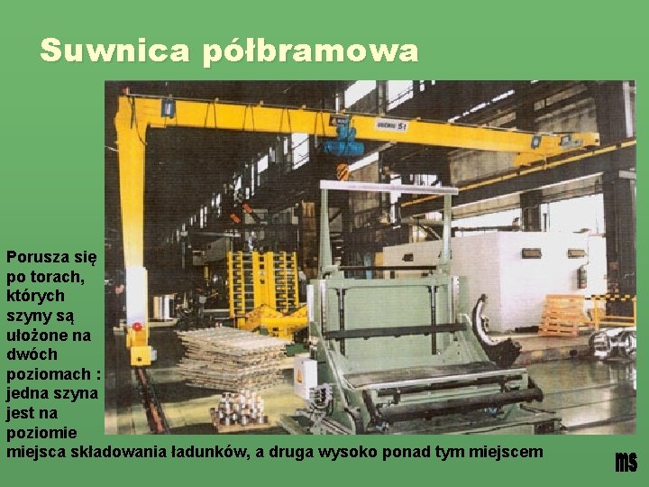 Suwnica półbramowa Porusza się po torach, których szyny są ułożone na dwóch poziomach :