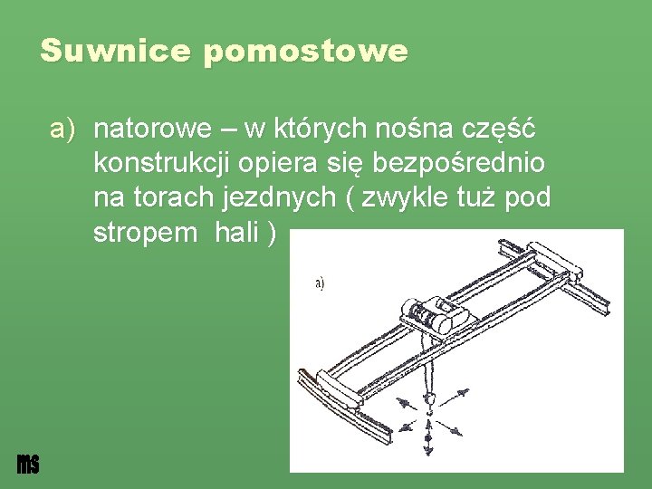 Suwnice pomostowe a) natorowe – w których nośna część konstrukcji opiera się bezpośrednio na
