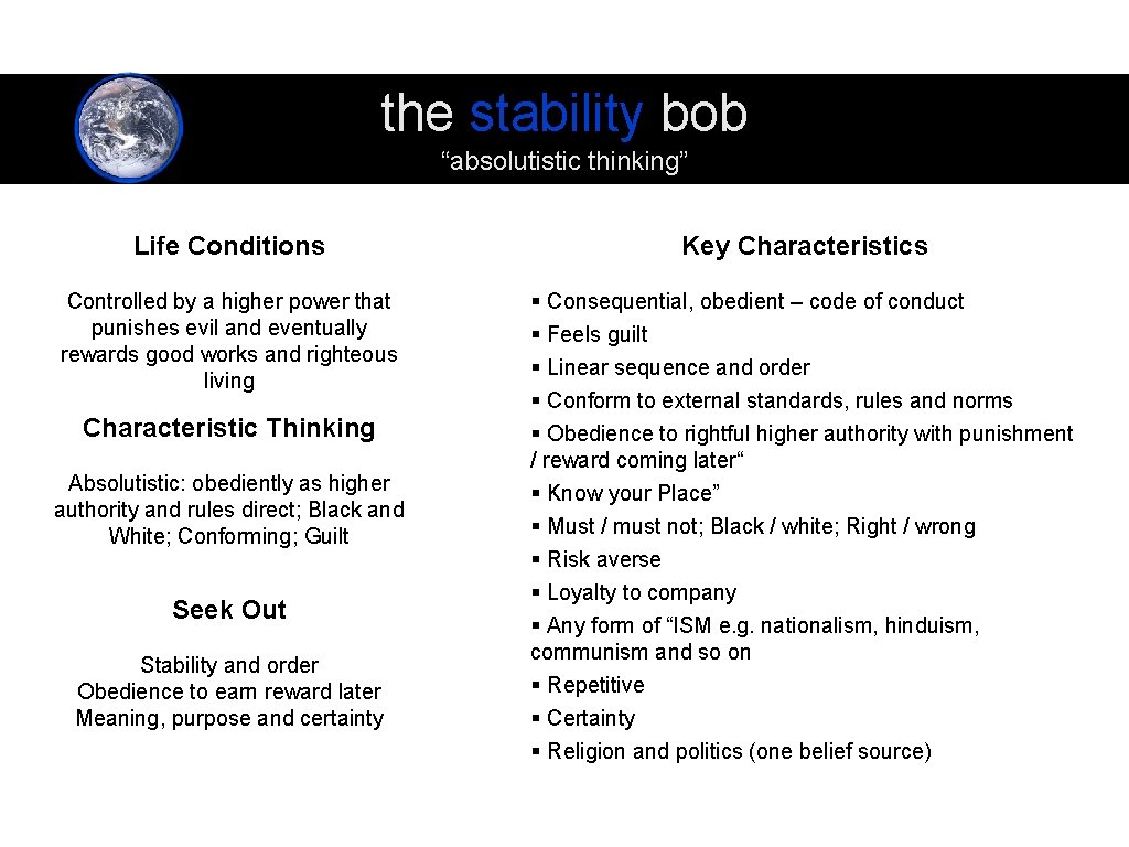 the stability bob “absolutistic thinking” Life Conditions Key Characteristics Controlled by a higher power