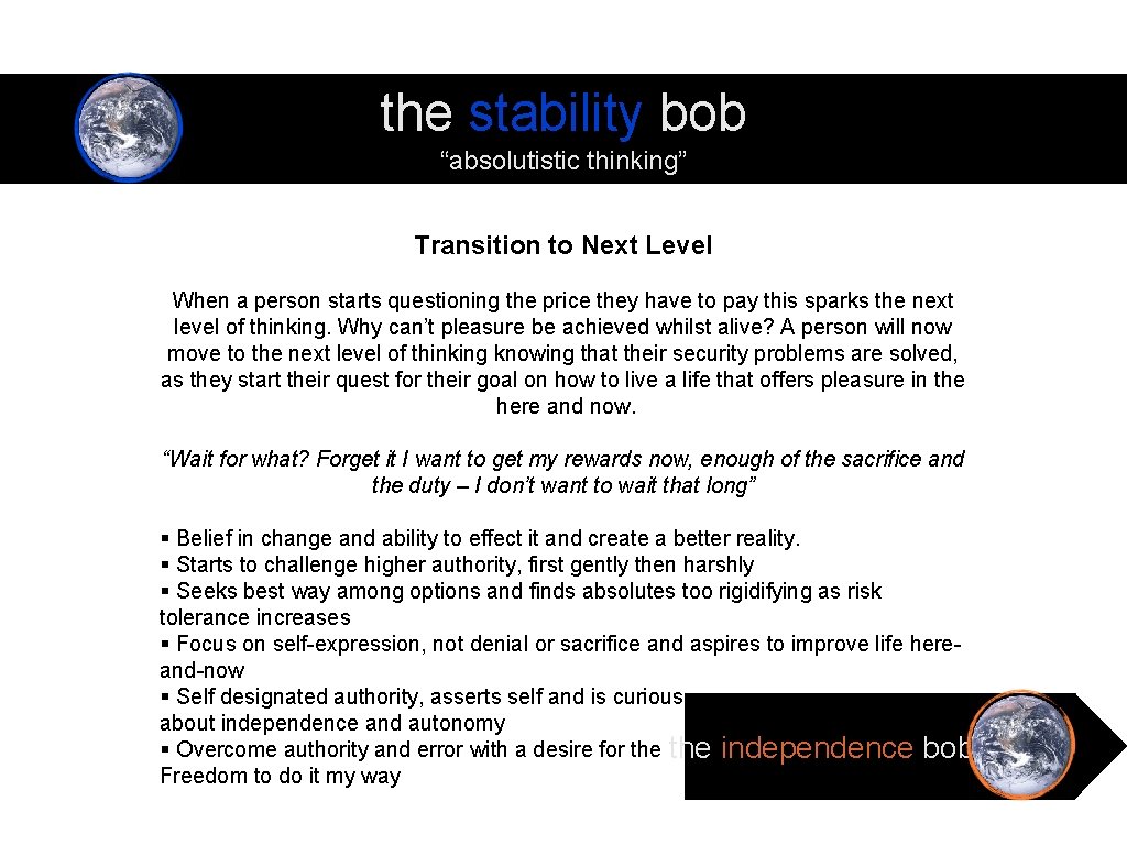 the stability bob “absolutistic thinking” Transition to Next Level When a person starts questioning