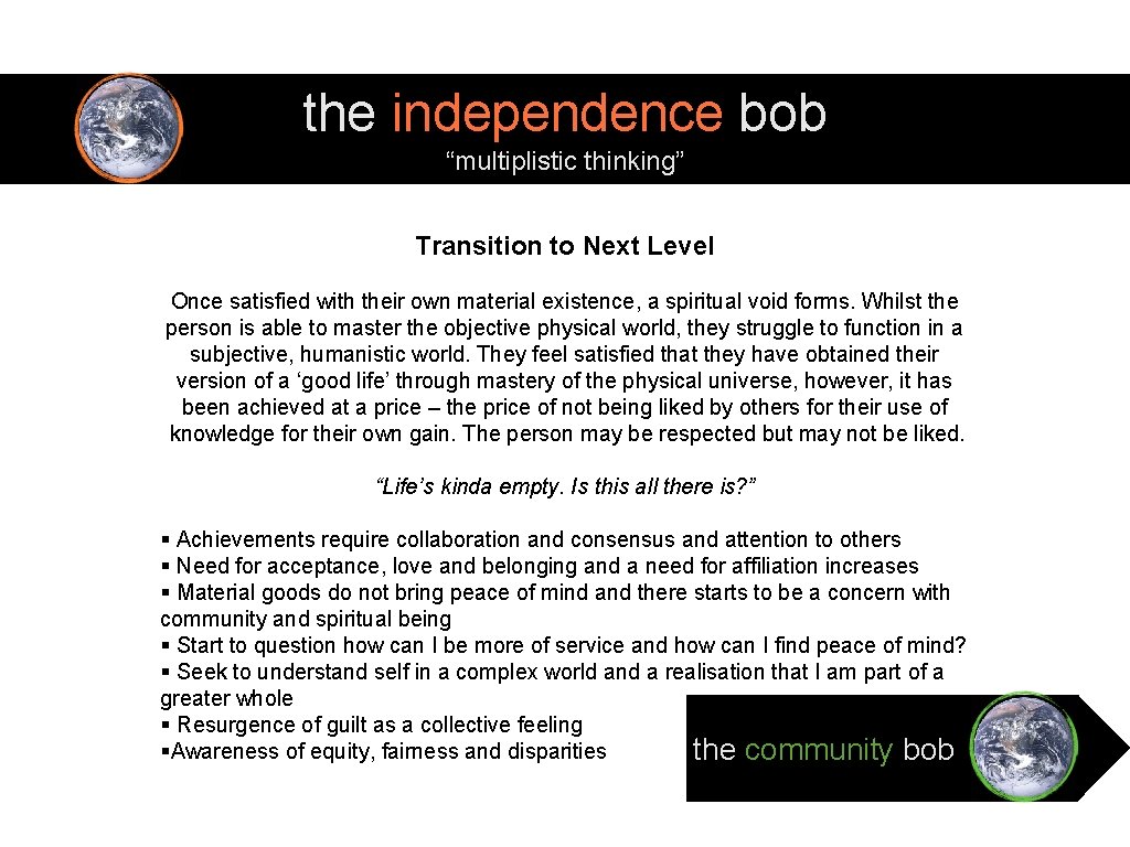 the independence bob “multiplistic thinking” Transition to Next Level Once satisfied with their own
