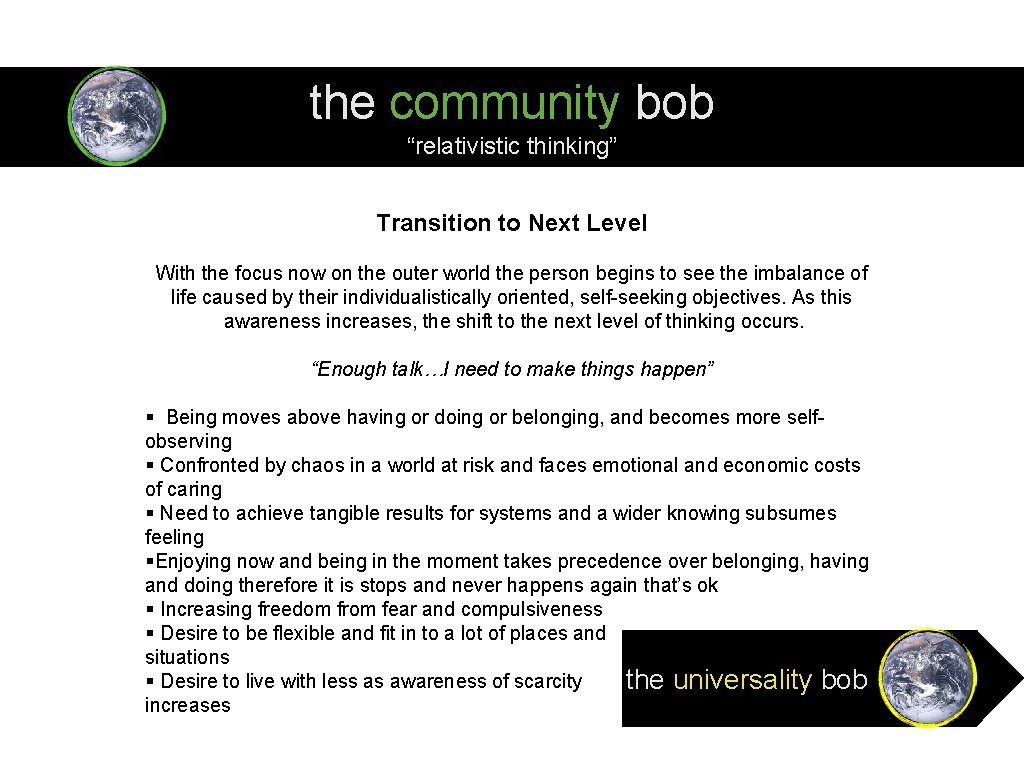 the community bob “relativistic thinking” Transition to Next Level With the focus now on