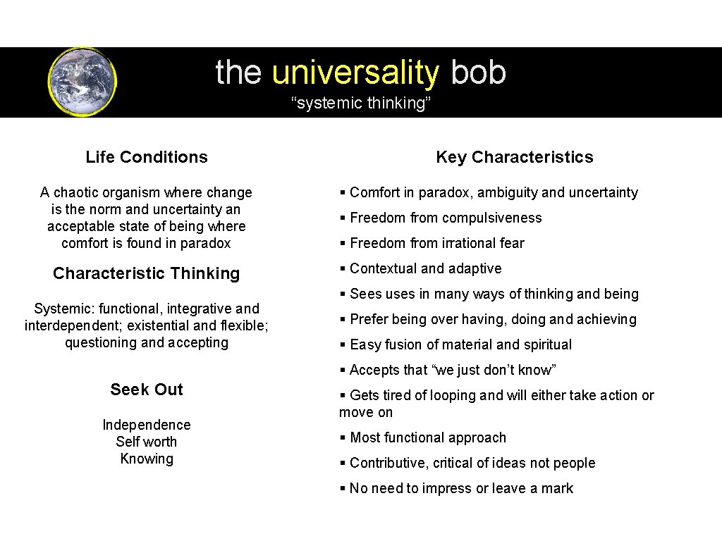 the universality bob “systemic thinking” Life Conditions A chaotic organism where change is the
