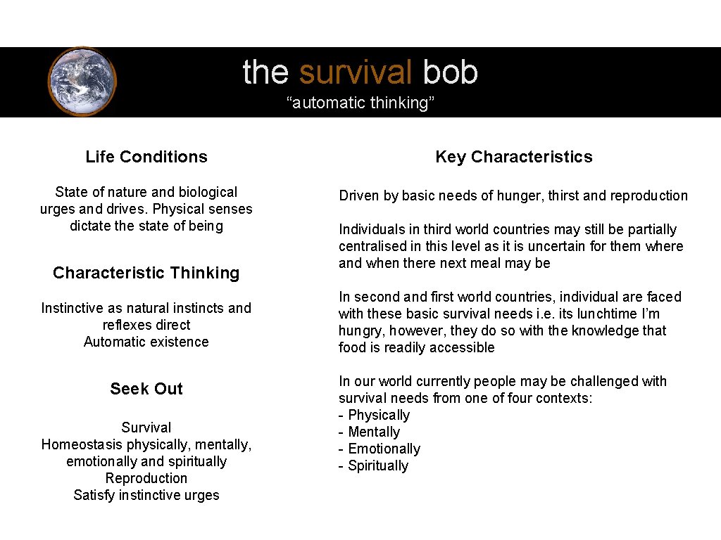 the survival bob “automatic thinking” Life Conditions Key Characteristics State of nature and biological