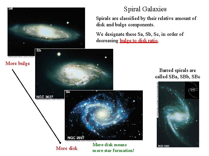 Spiral Galaxies Spirals are classified by their relative amount of disk and bulge components.