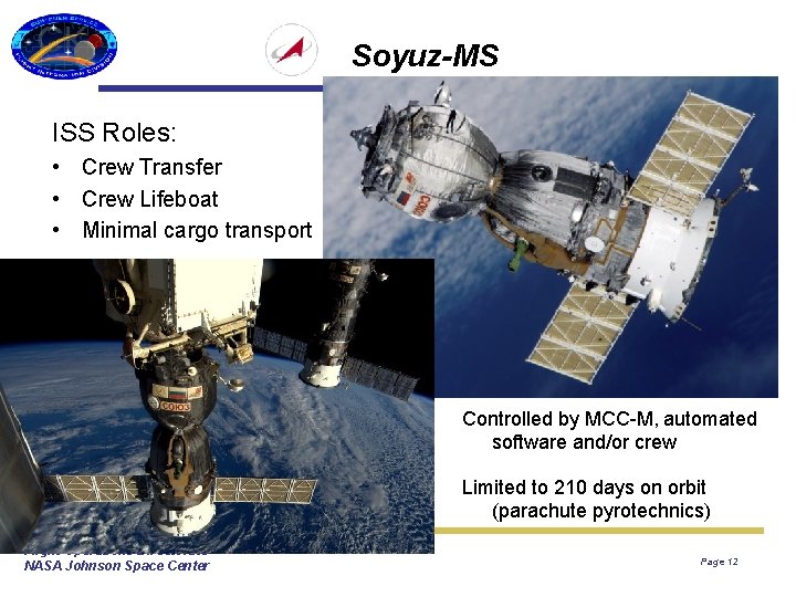 Soyuz-MS Flight Integration Division ISS Roles: • Crew Transfer • Crew Lifeboat • Minimal