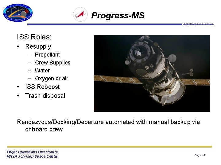 Progress-MS Flight Integration Division ISS Roles: • Resupply – – Propellant Crew Supplies Water