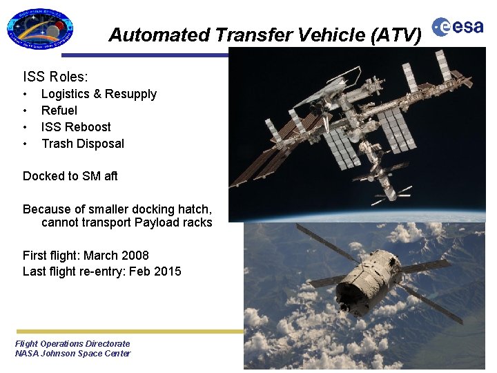 Automated Transfer Vehicle (ATV) Flight Integration Division ISS Roles: • • Logistics & Resupply