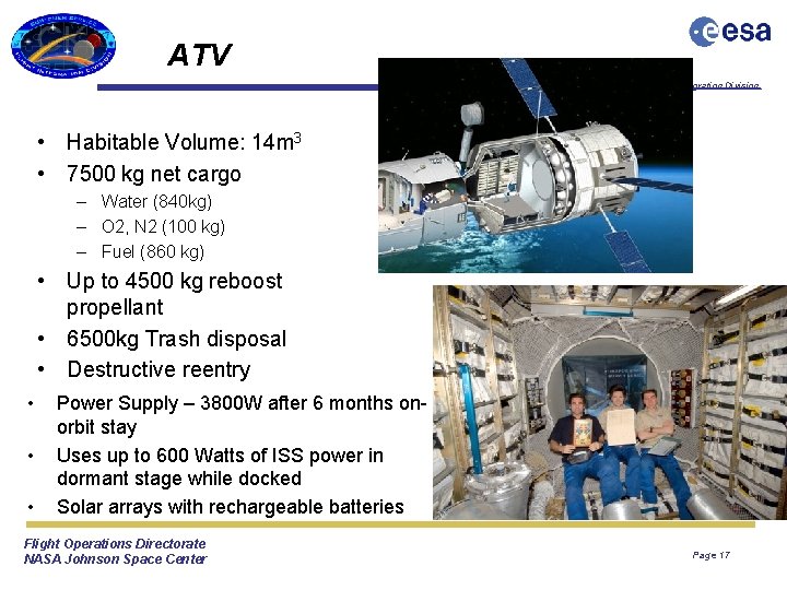 ATV Flight Integration Division • Habitable Volume: 14 m 3 • 7500 kg net