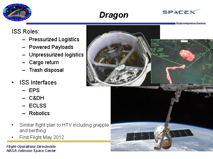 Dragon Flight Integration Division ISS Roles: – – – Pressurized Logistics Powered Payloads Unpressurized